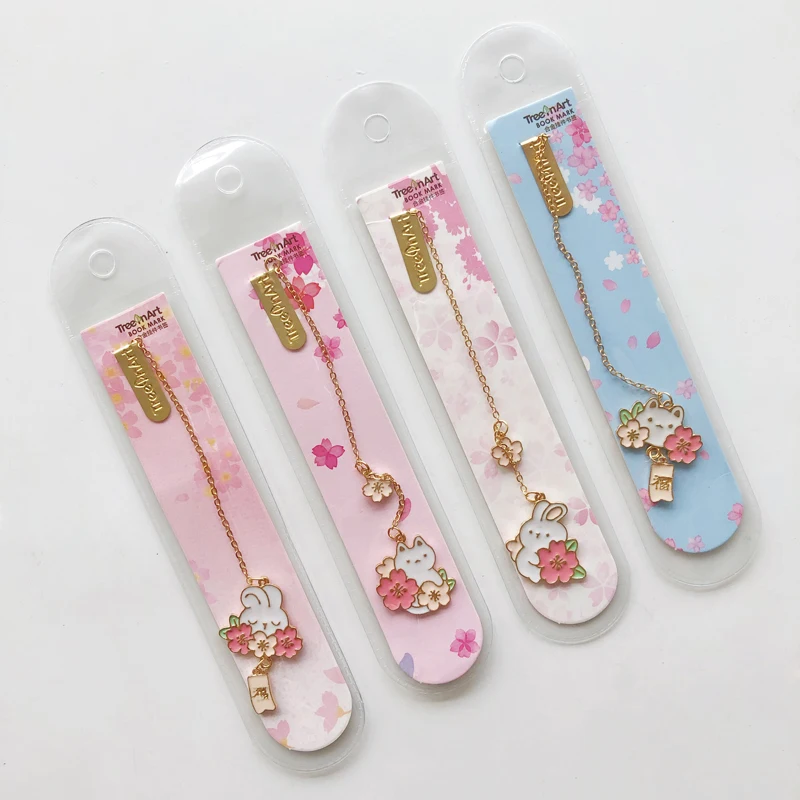 Marcapáginas de cadena colgante de aleación de conejo Sakura romántico, marcador de página, suministro de oficina escolar, 1 unidad
