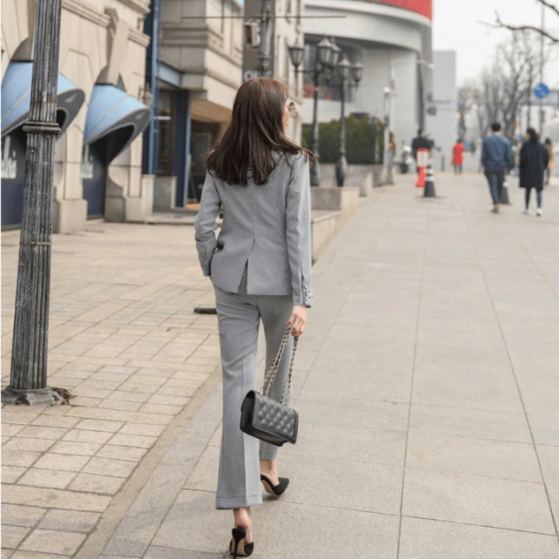 Office Ladies Two-Piece OL Women\'s Pants Suit Gray Business Classic Asymmetrical Nine-Point Suit Pants Formal Wear