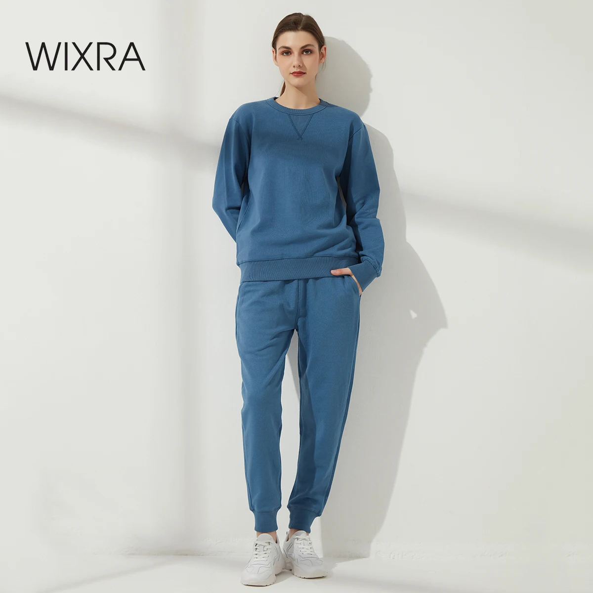 Wixra Womens 100% Cotton Casual Sets O Neck Tops+Elastic Waist Drawstring Pants Basic Sweatshirts Suits Spring Autumn