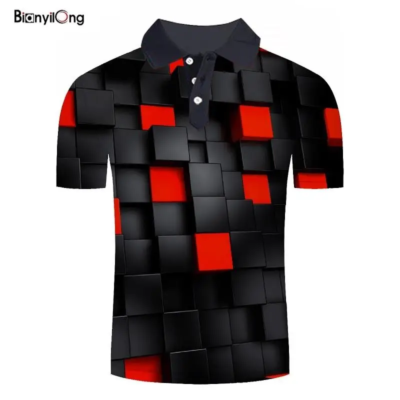 

BIANYILONG 2019 Summer Hot Polo Shirt Men Short Sleeve Polo Shirt Red square 3d printed Shirts Slim Fit Cotton Men's Polo Shirt