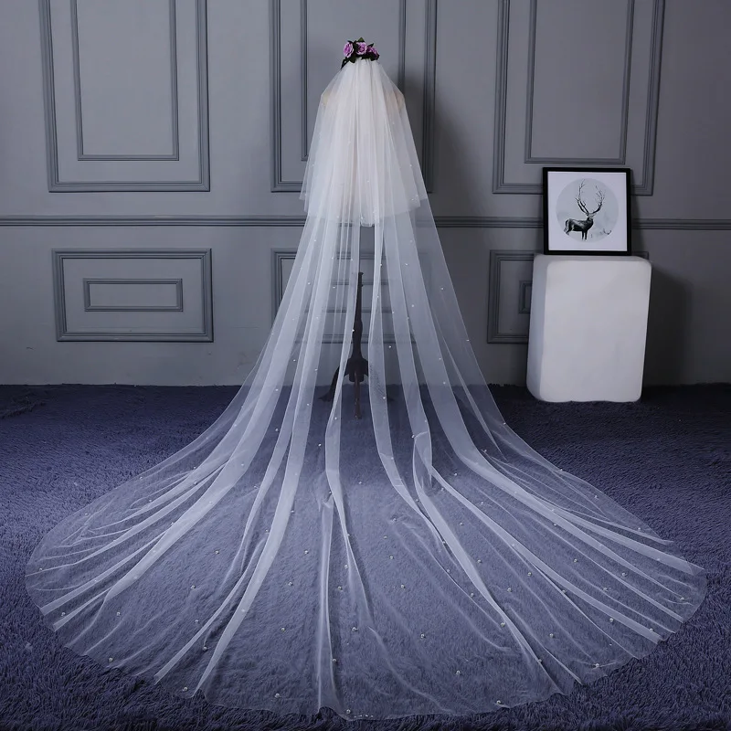 

New Arrival Soft Tulle White Ivory Cathedral Wedding Veils Long Beaded Pearls Braut schleier Bridal Veil Velo de novia bordado