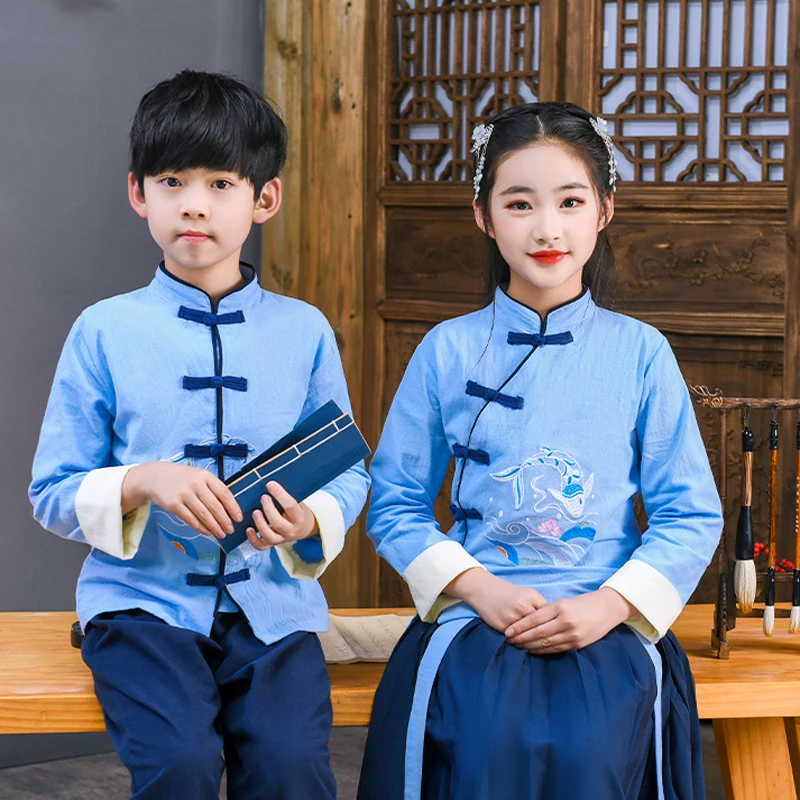 Chinese Style Children Hanfu Traditional Elements Simple Two Color Boy Girl Retro Embroidery Suit Recitation Performancecostumes