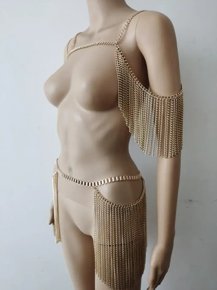 New Fashion Style RJ01 Gold Chains Body Bra Neck Shoulder Top & Waist Belly Chains Jewelry Set