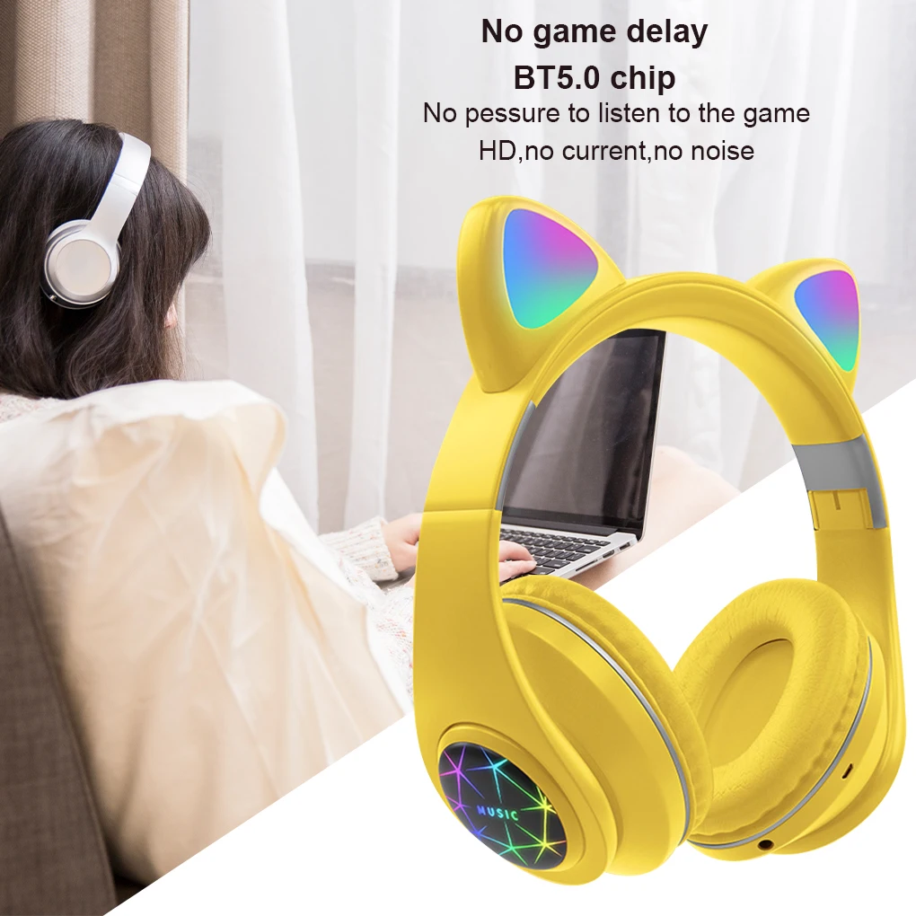 Headphone Wireless LED Light Gaming Headset Cartoon Ear Bluetooth-compatible 5.0 Gaming Earphone, Yellow