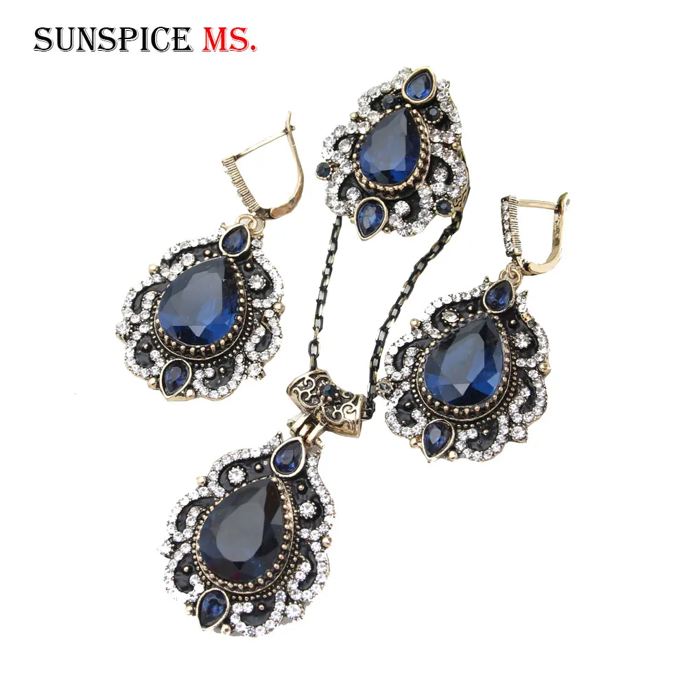 Exquisite Turkish  Women Flower Resin Jewelry Sets Hook Earring Antique Gold Color Vintage Ring Nigeria India Crystal Necklace