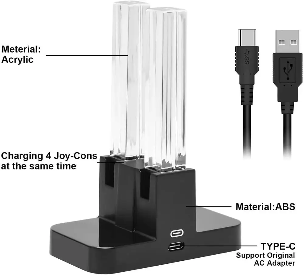 Док-станция для быстрой зарядки для контроллера Nintendo Switch Joypad, светодиодная подставка для зарядного устройства для Nintendo Switch с зарядным шнуром USB Type-C