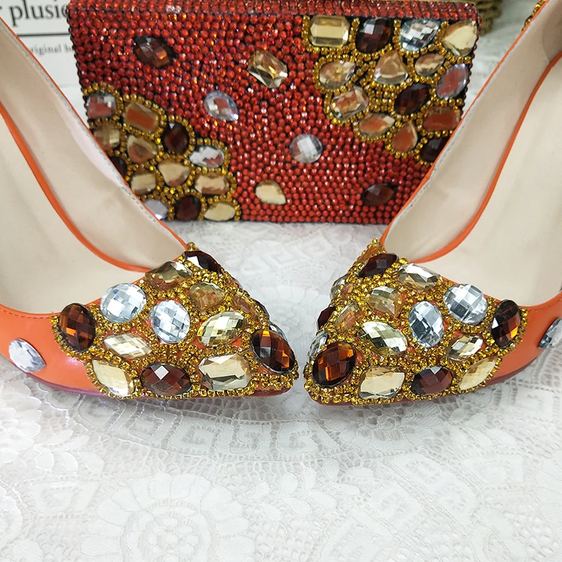 2021 New arrival Orange Crystal Women wedding shoes with matching bags Pointed toe High Pumps fashion ladies shoes and Purse