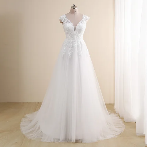 Increíble vestido De novia De talla grande personalizado con cuello en V manga casquillo una línea vestidos De tul Apliques De encaje vestido De novia