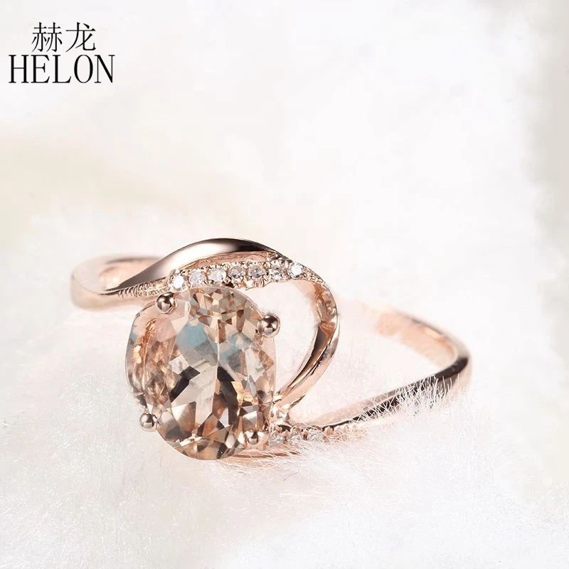 HELON Solid 10K Rose Gold Flawless Oval 7x5mm Natural Morganite Diamond Engagement Wedding Ring Women Unique Fine Jewelry