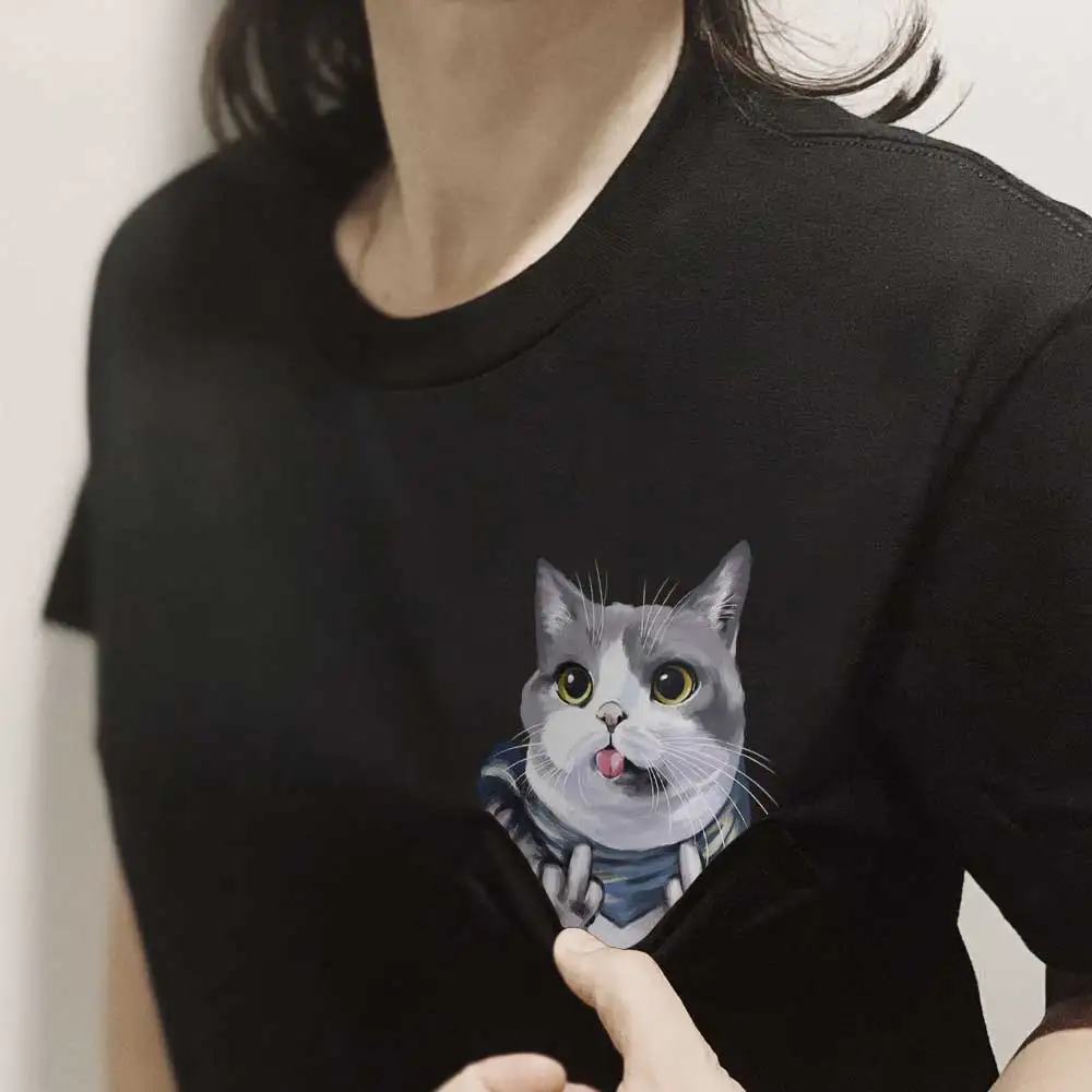 Camiseta de algodón a la moda, nueva camiseta con estampado 3D de gato y dedo medio con bolsillo, camisetas negras de Hip Hop, camisetas divertidas