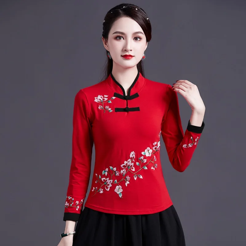 Chinesischen Stil Kleidung Frauen Hanfu 2021 Vintage Shirt Ethnische Tunika Patchwork Bluse Und Top Frauen Damen Chinesische Tops V1932