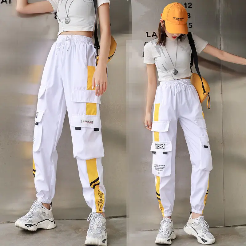 Cargo Pants Women's Summer Thin 2020 High Waist Loose Casual Sports Pants Trousers Women Lace Up Pants Black White Spliced Pants