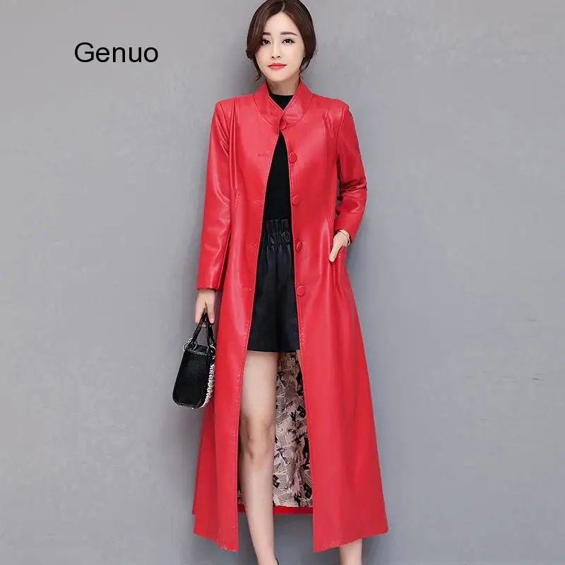 Manteau en cuir Pu Long femme, automne hiver veste en cuir manteaux Pu Long Desgin 2018 nouvelle veste chaude en fourrure femme manteau Slim doux femme grande taille 5Xl