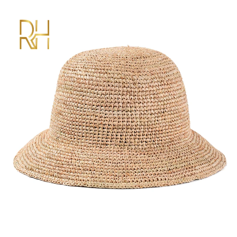 Ręcznie robiony damski szydełkowy kapelusz typu Bucket ze słomy z naturalnej rafii na wiosenne letnie czapki rybackie na plaży