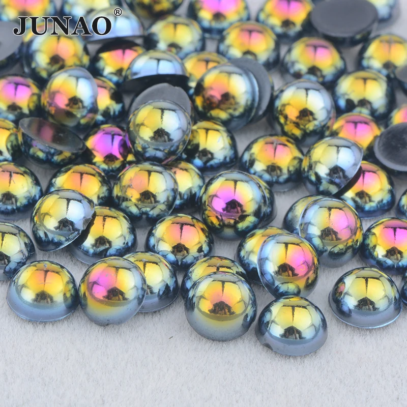 JUNAO 2 4 6 8 10 12 14mm Gray AB Flatback Imitation Pearl Half Round Beads Glue On Crystal Stones Stickers Nail Art Decoration