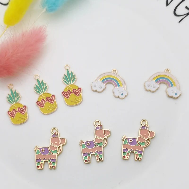 10pcs/lot Cute Pineapple horse rainbow Colorful Enamel Cartoon Charms Fashion Jewelry Earring DIY Making Charms Gold color