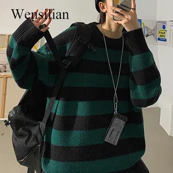 Autumn Knitted Striped Sweater Women Pullovers Casual Pullovers Green Oversized Sweater Jumper Teen Gril Streetwear Fall Sweater