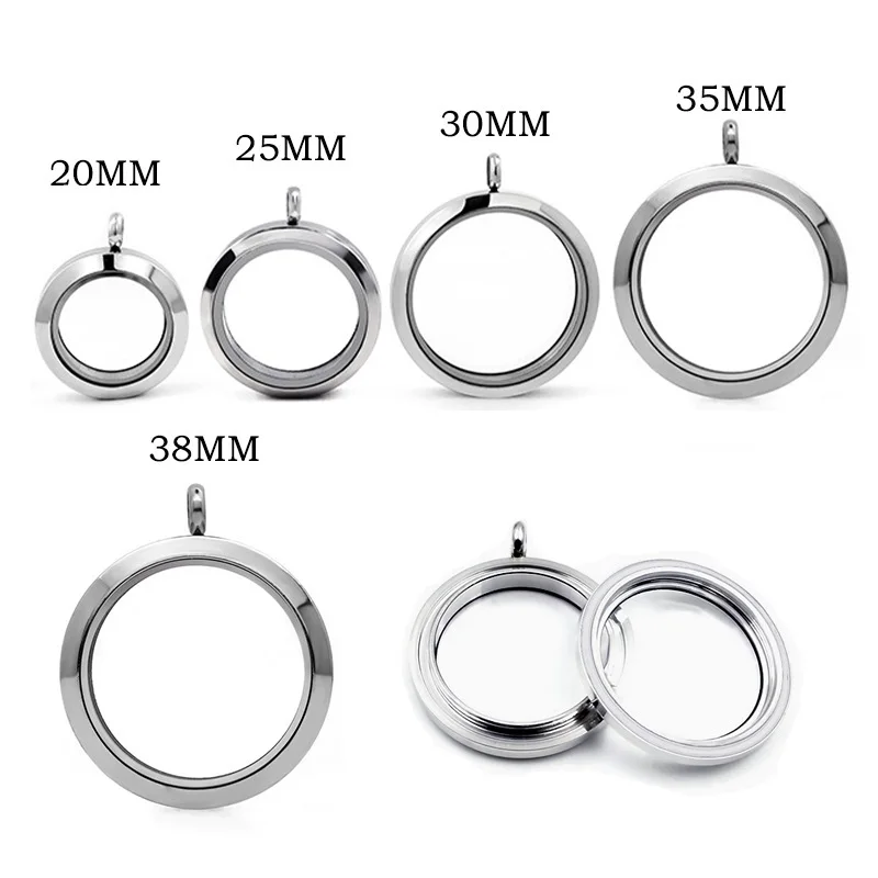 1pc 20mm 25mm 30mm 35mm 38mm Stainless Steel + Glass Floating Living Locket Medallions Rhinestone Locket Memory Charms