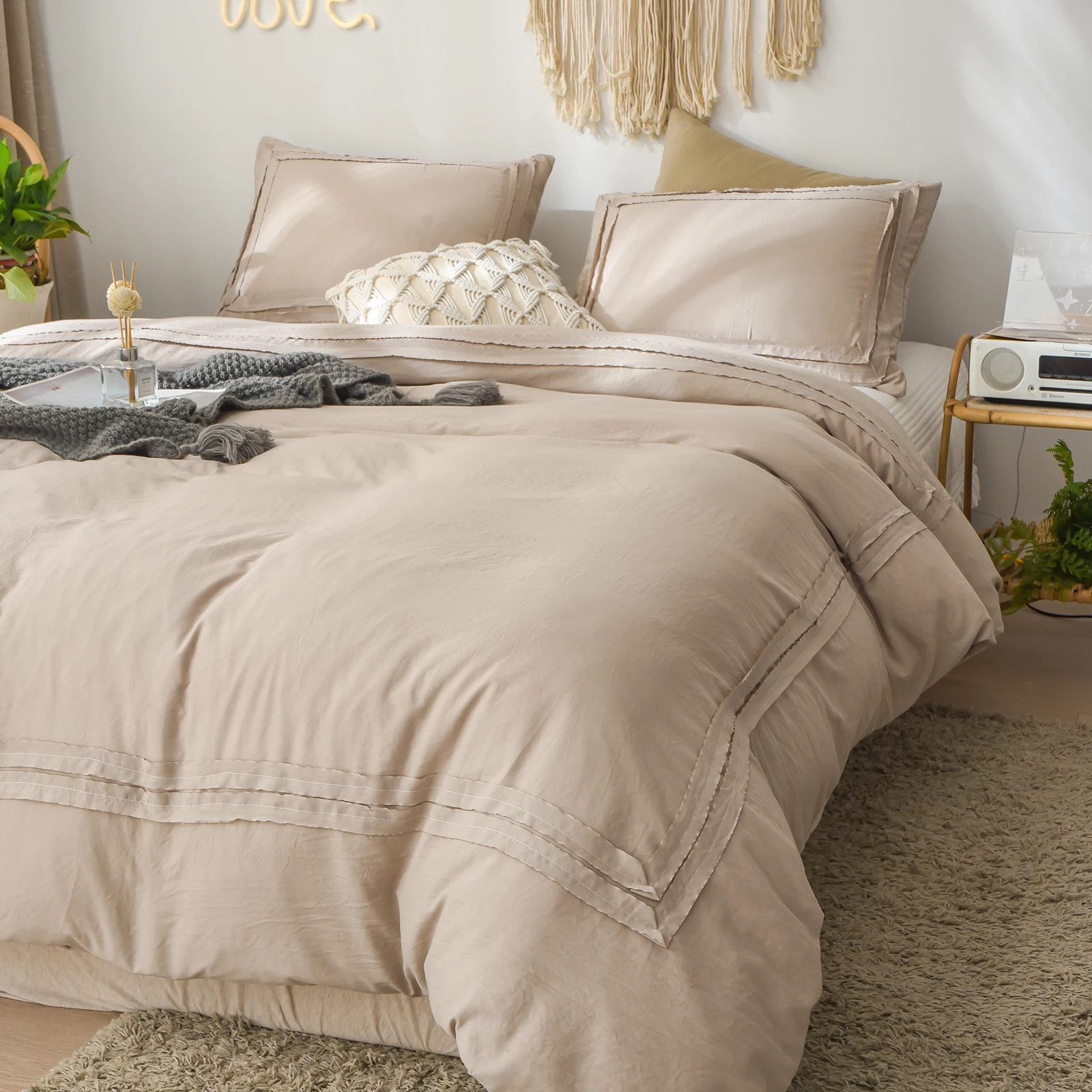 

Taupe Bedding Taupe Ruched Lace Duvet Cover Set Farmhouse Light Taupe Ribbon Border Design Boho Bedding Sets