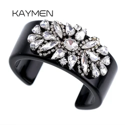KAYMEN Black Resin Cuff Bracelet Statement Bangle Inlaid Crystal Beads Flower Shape Crystal Bangle Fashion Bracelet for Women