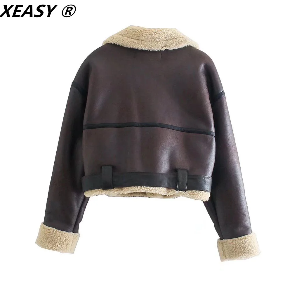 XEASY-Chaqueta con cuello vuelto para mujer, abrigos de piel sintética de doble cara, ropa informal, invierno, 2021