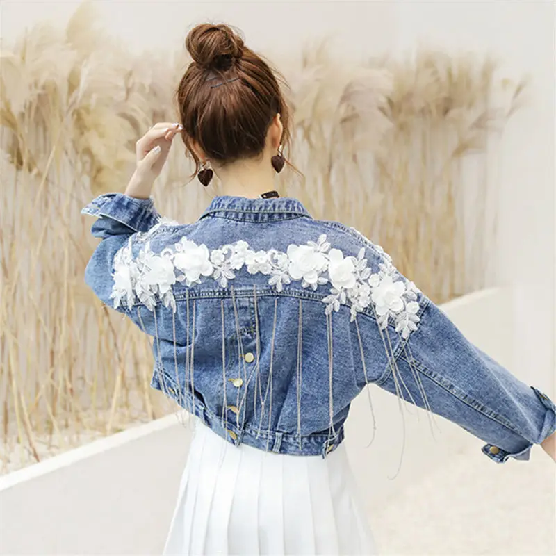 Bling Women Denim Jacket 2025 Autumn Full Sleeve Loose Button Pearl Short Lapel Wild Leisure Appliques Tassel Female Veste Femme
