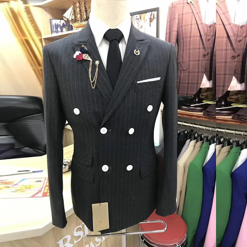 2020 Baru Bergaris Pria Cocok untuk Pernikahan Jas Pria Slim Fit Pesta Prom Pengantin Pria Tuxedo Gray Blazer Bersilang Celana 2 Buah Set