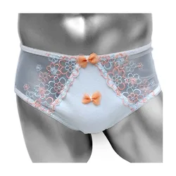 Cotton Sissy Briefs Panties With Floral Mesh Patchwork Bow Cute Lolita Men Underwear Fashion High Quality Underpant