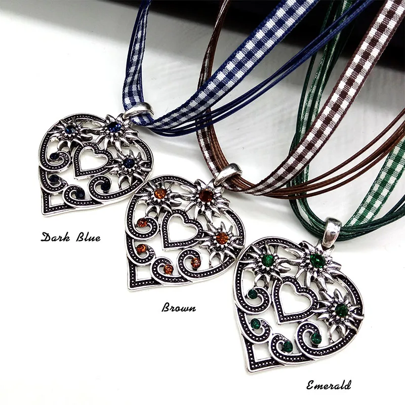 Fashion Vintage Heart Pendant Necklace Women Charm Ribbon Rope Choker Oktoberfest Edelweiss Statement Necklace Jewelry Wholesale