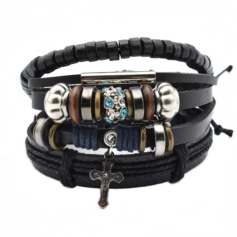 Vintage Multi-layer Bead Leaf Charm Leather Bracelet Men Fashion Braided Handmade Star Rope Wrap Bracelets & Bangles Male Gift