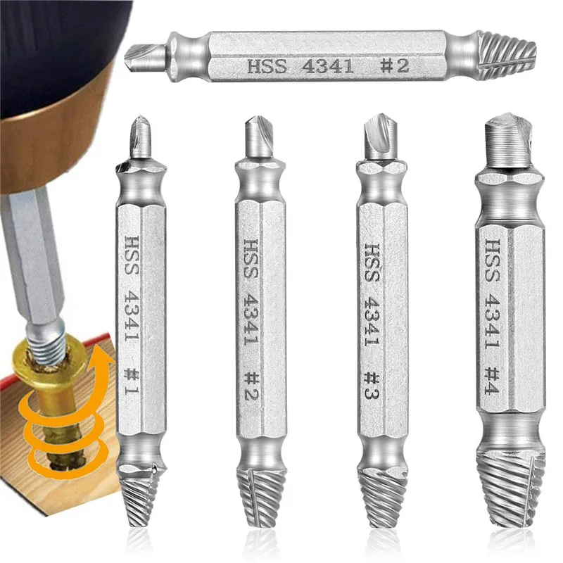 4Pcs/set Broken Damaged Screw Extractor Drill Bit Guide Set Broken Bolt Fastener Remover Easy Out Carpentry Screw Extractor