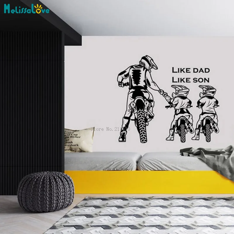 The Cozy Scene of Father and Son Walking Together Motocross Wall Decal Speed Contest Decor Motorcycle Sticker Removable YT6480