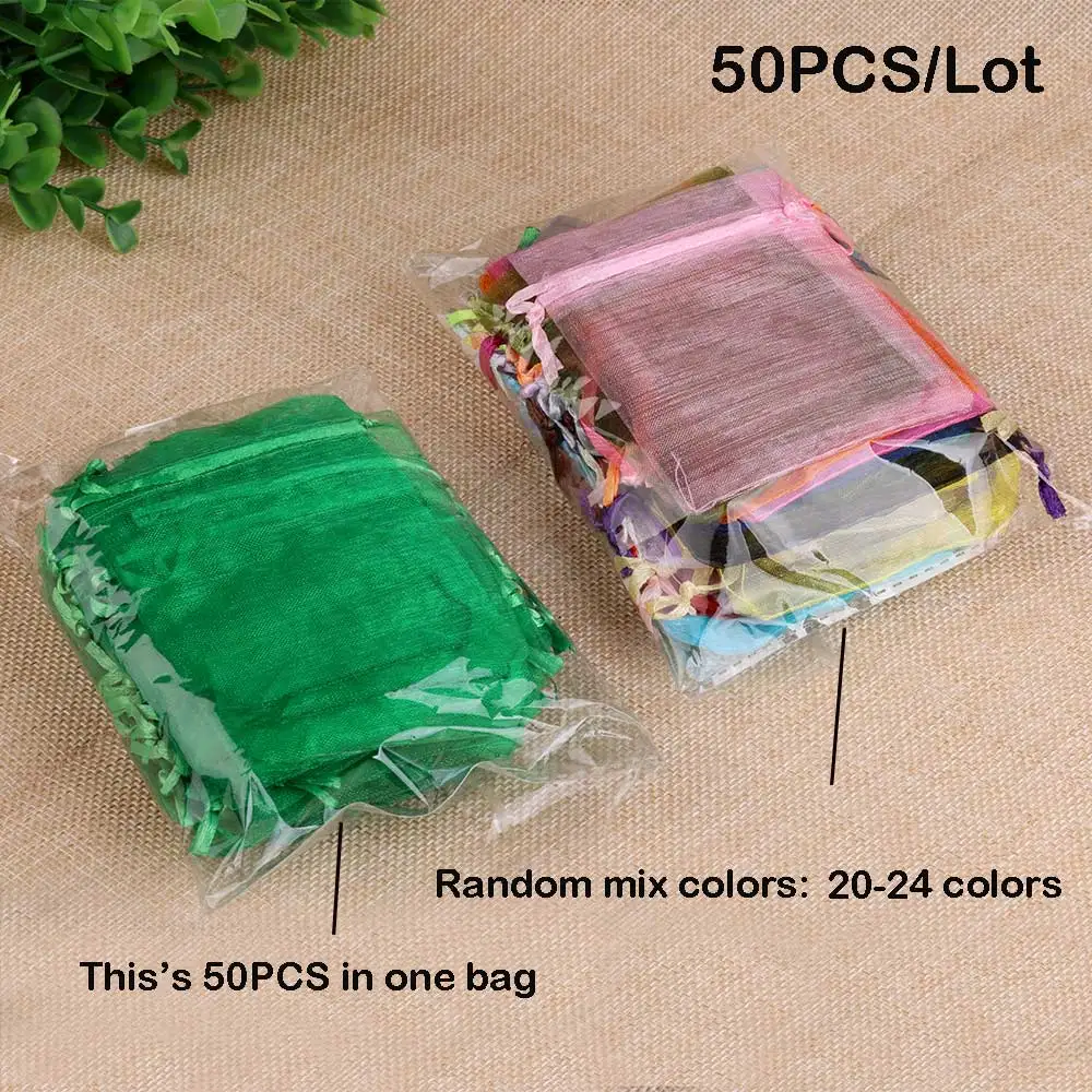 50/100pcs/lot Organza Gift Bag For Jewelry 24 Colors Drawstring Pouches For Wedding Christmas Candy Gift Bags Jewelry Packing