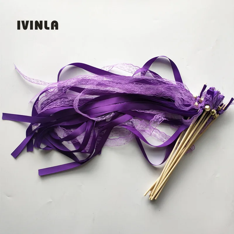 50pcs/lot  violet Wedding Ribbon Wands and big Bells for wedding decoration