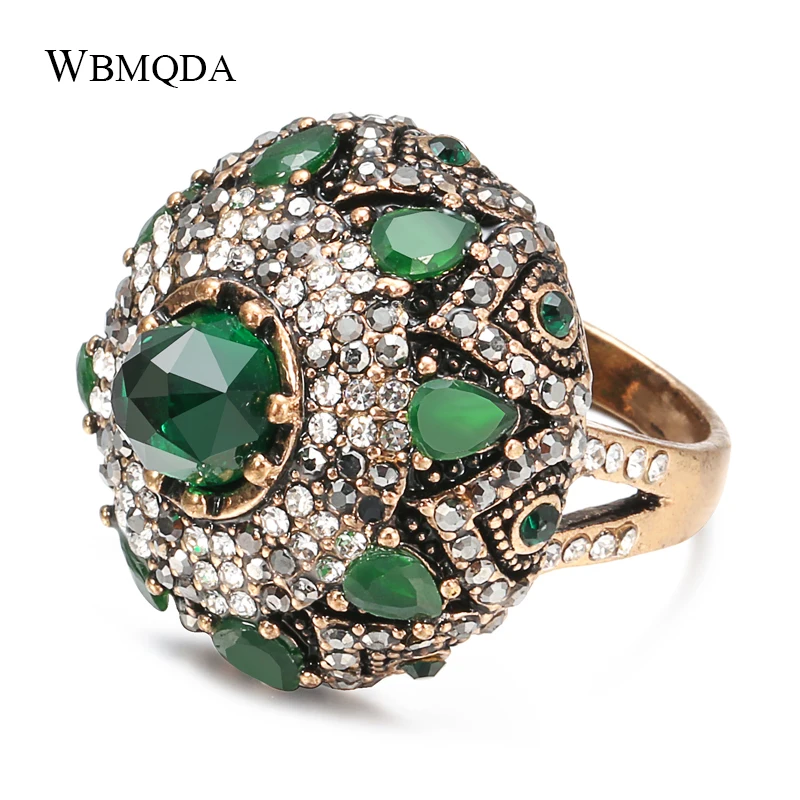 2020 New Luxury Green Natural Stone Wedding Rings For Women Vintage Gold Color Crystal Flower Crown Ring Boho Ethnic Jewelry