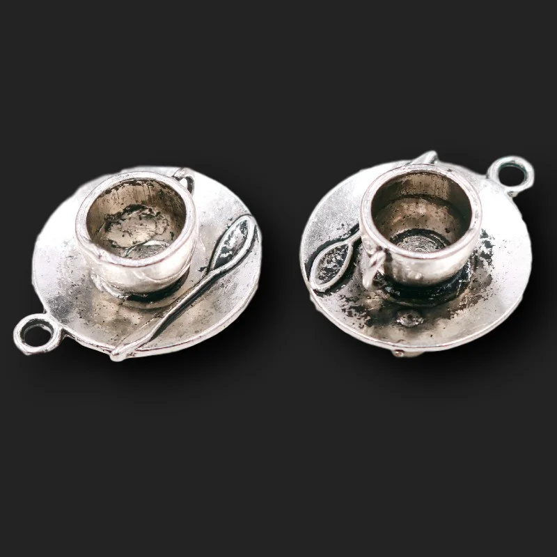 6pcs Silver Plated 3D Coffee Cup & Spoon Pendants Retro Necklace Bracelet Accessories DIY Charms For Jewelry Crafts Making A2340