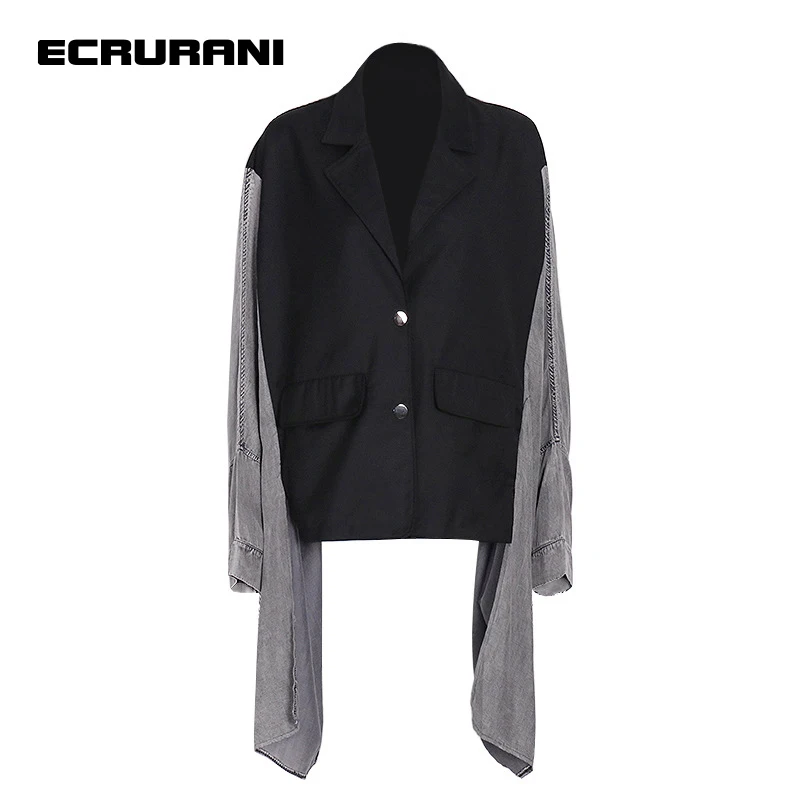 

ECRURANI Patchwork Hit Color Jackets For Women Lapel Batwing Long Sleeve Loose Oversized Casual Coats Female Clothing 2021 Style