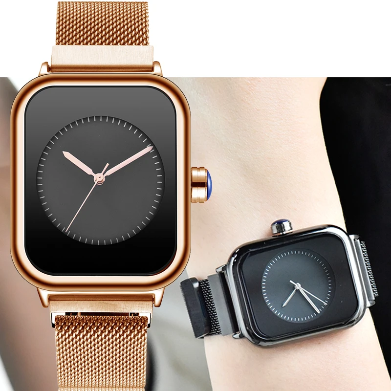 

Delicate New Women Watches Quartz Square Magnetic Minimalist Ladies Wristwatch Rose Gold Luxury Band Unisex Watch 2020