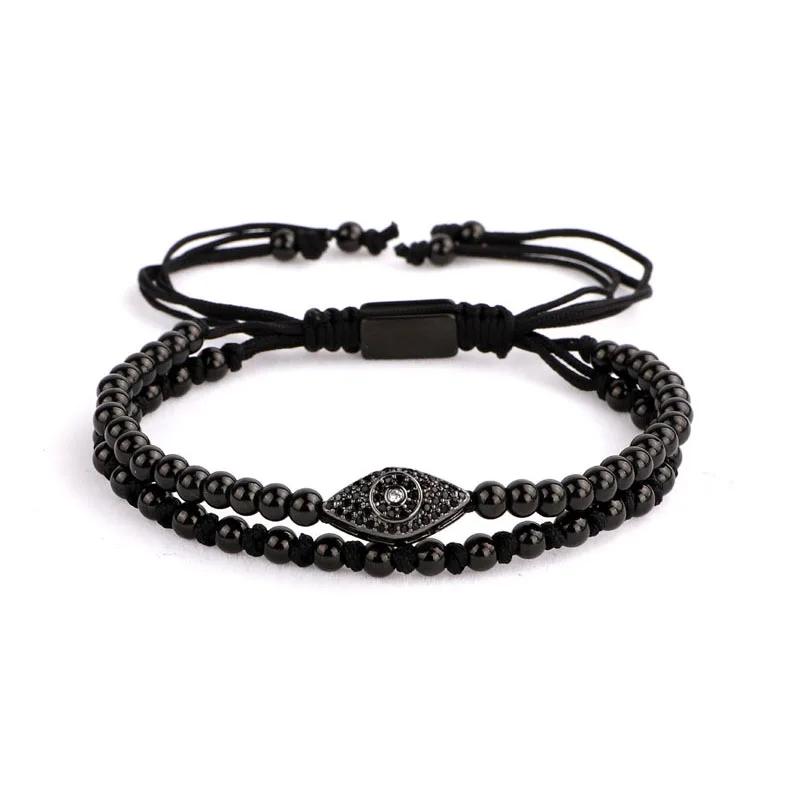 High Quality New Fashion Stainless Steel Beads CZ Pave Cute Eye Charm Braided Macrame Bracelet Women Men