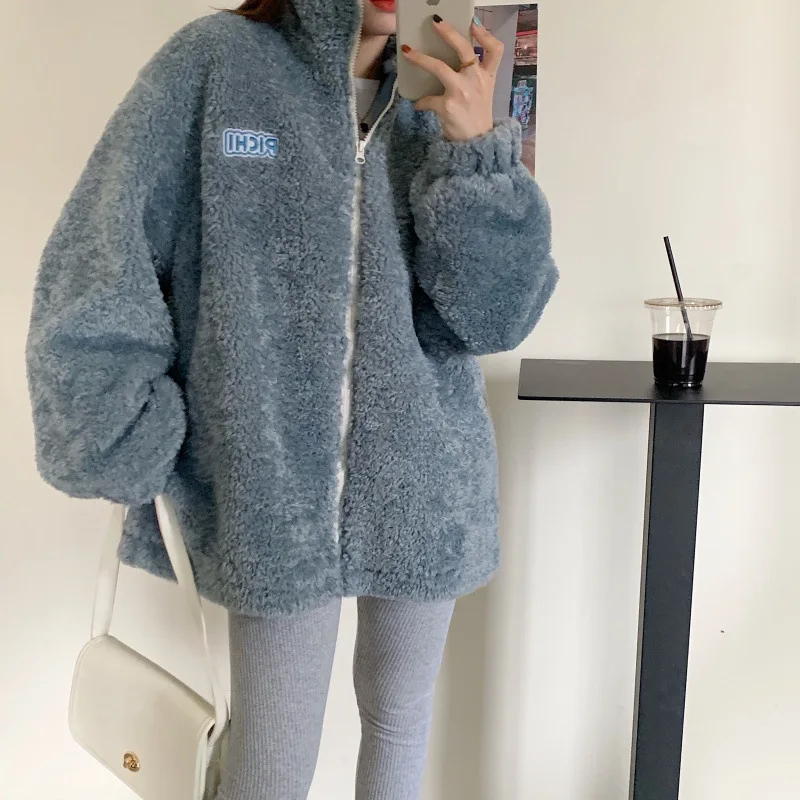 Women Hoodies Plus Velvet Zip-up Letter Long Sleeve Lambswool Oversize Soft Fashion Casual Korean Style Warm Fluffy Teddy Tops