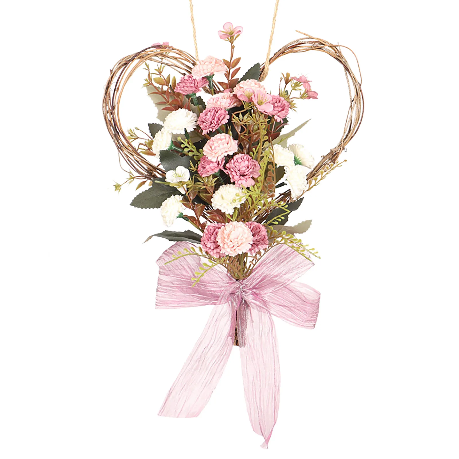 

Artificial Rose Flower Wreath Bow Decorative Heart-Shaped Wall Hanging Carnation Garland For Mother's Day Home Festival Decor