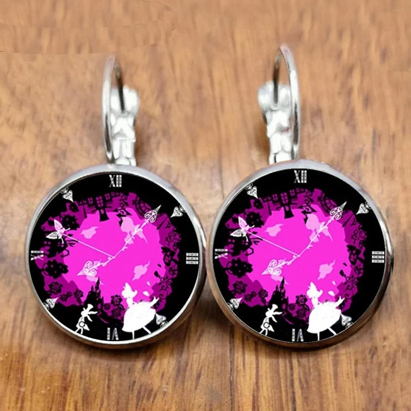 Pendientes de cristal con forma de silueta de reloj, joyería de Alicia en el país de las Maravillas, pendientes de cabujón