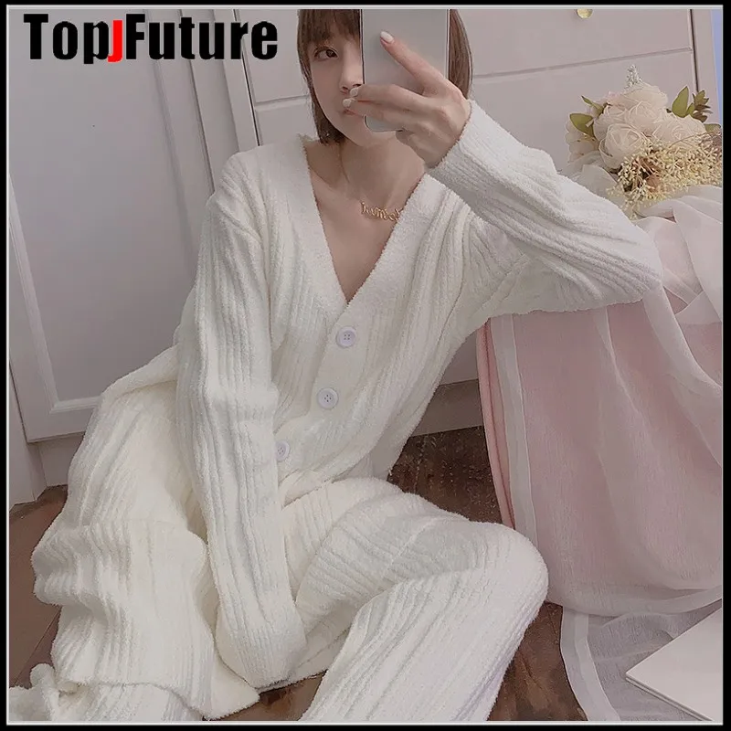 Violet Robe soft  pajamas loose and lovely sweet Korean autumn and winter warm thickened home clothes set suit