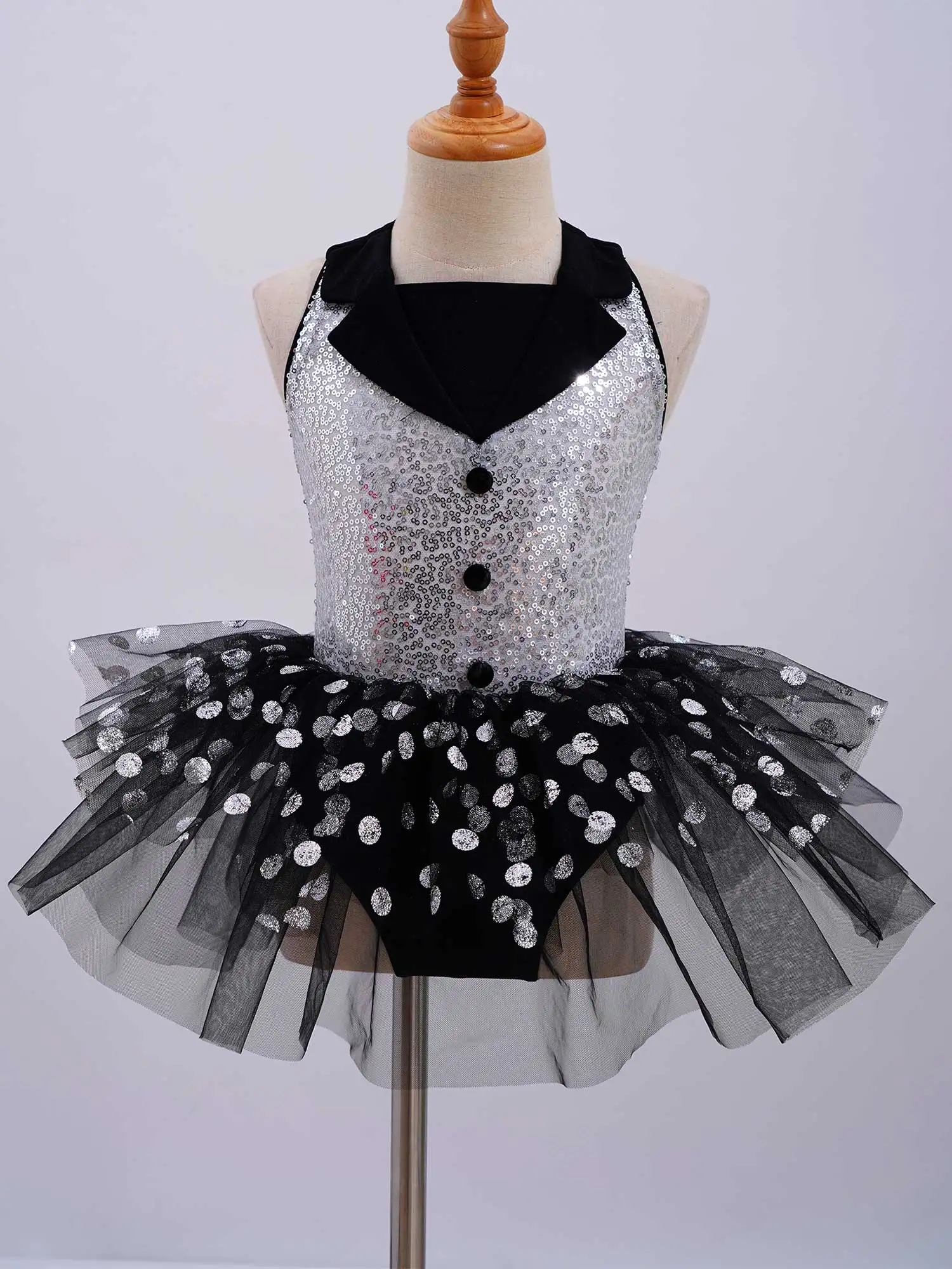 Kids Girls Sequins Hollow Back Ballet Dance Tutu Dress Leotard Gymnastics Ballerina Competition Stage Performance Costume