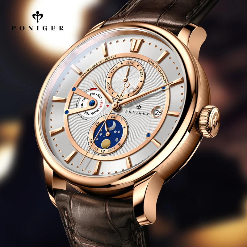 PONIGER Luxury Men's Automatic Mechanical Watch Sapphire Glass Waterproof Men Watches Multi Function Date Calendar Clock
