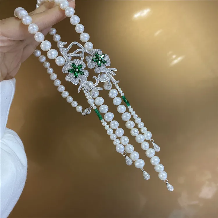 

freshwater pearl necklace white near round 8-9mm red/green jade wholesale nature beads FPPJ