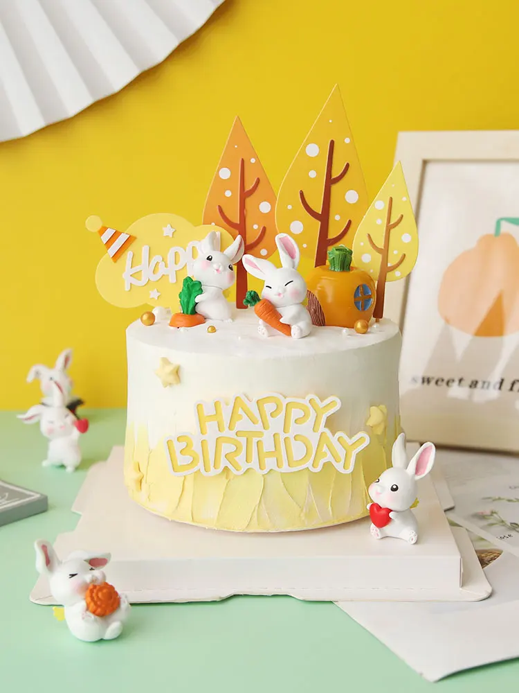 Rabbit Birthday Anim Cake Topper Happy Birthday Kid Rabbit Carrots Heart Baby Kid Favors Animals Party Cakes Baby Shower Gifts