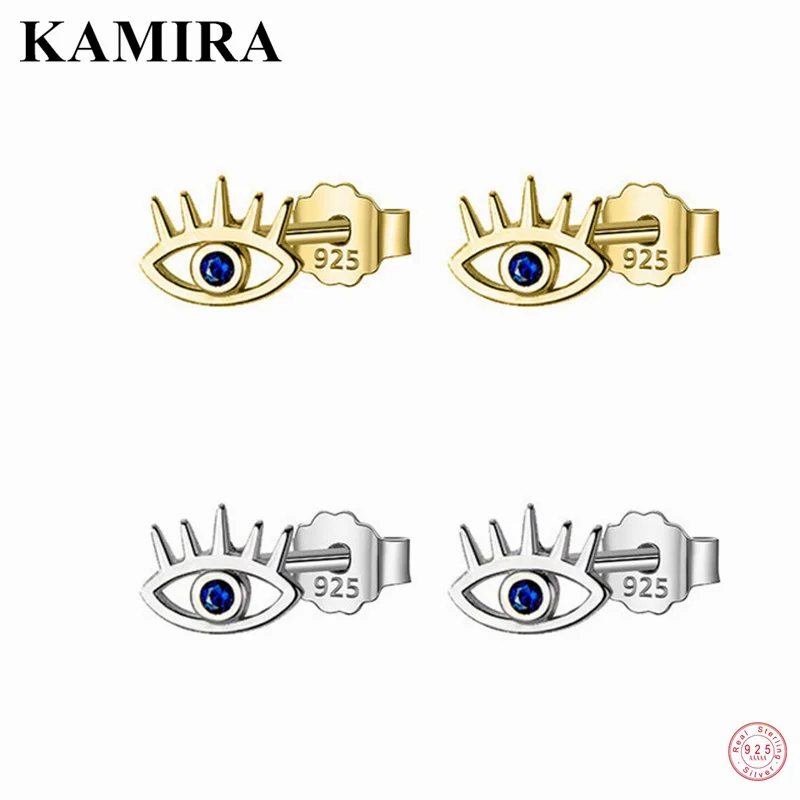 KAMIRA 925 Sterling Silver Vintage Devil Eye Blue Zircon Stud Earrings for Women Cuban Small Party Jewelry Cute Gift Accessories