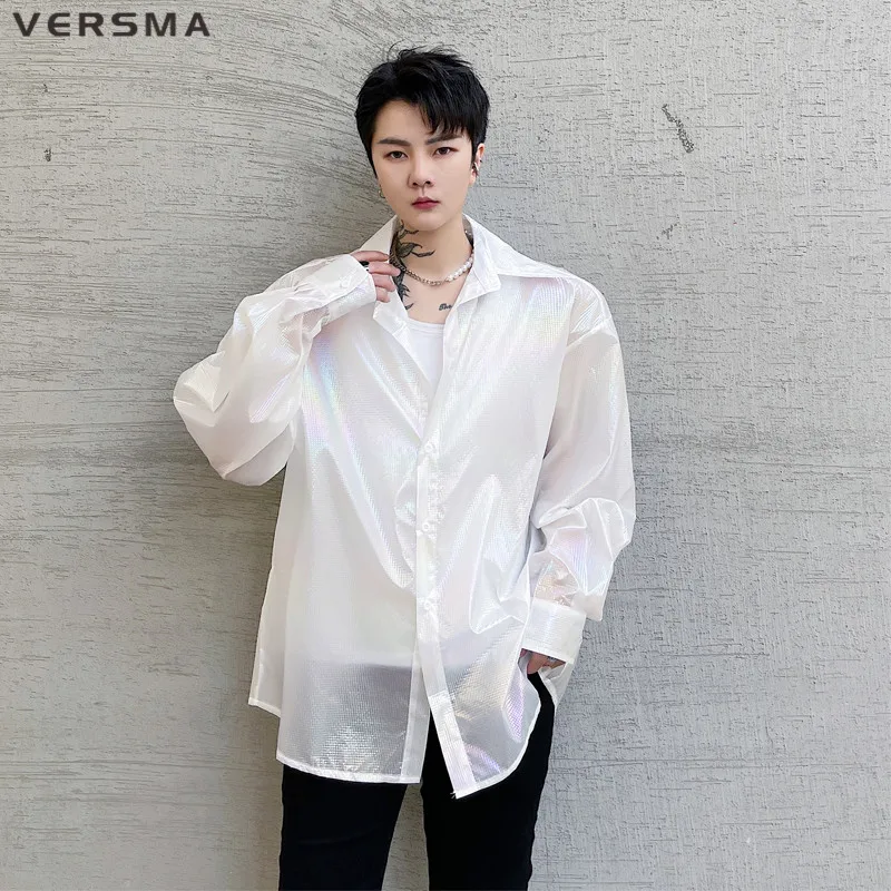 VERSMA Korean Ulzzang Long Sleeve Glossy Shiny Shirt Men Summer Oversized Sun Protection Clothing Unisex Shirt Men Dropshipping