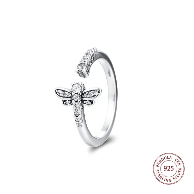 

100% 925 Sterling Silver Sparkling Dragonfly Open Rings for Women Fashion Jewelry Wedding Statement Ring Party Bague Wholesale